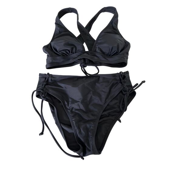 Cupshe Black Bikini Woman Size Small Halter Top Cross back - Picture 1 of 11